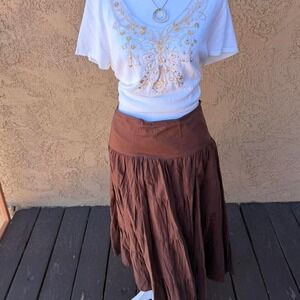 garnet hill brown cotton midi skirt with ruffles